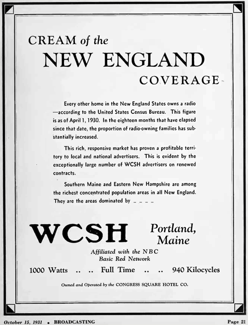 Ad for radio station WCSH from 1931